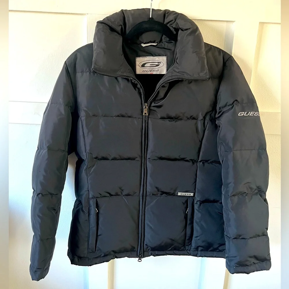 EUC Vintage Guess down puffer coat women’s small black zip up jacket unisex top - Picture 3 of 16